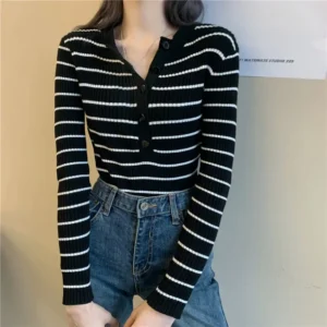 Slim Fit Striped Knitwear Top for Women Spring Autumn Korean Style Basic Essential Sweater Student Fashionable Base Shirt