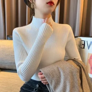 Women's Slim Fit Half High Collar Knitwear Base Shirt Inner Wear Autumn Winter New Style Korean Version Patchwork Top