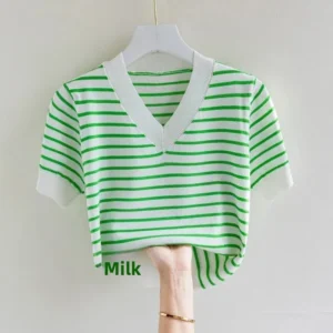 Ice Silk Stripe Short Sleeve Knitwear Women's Summer New Loose Fashionable Thin V-neck Top Sleeveless Crew Neck Short Length
