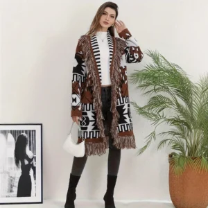 Spring 2025 New Large Size Women's Sweater Tassel Long Coat Vintage Geometric Patterned Knitwear Fashionable plus Size Outerwear