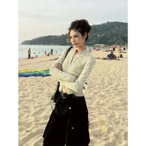 Slim Fit Wave Pattern Street Style Knitwear Stand Collar Hot Girl Top Summer Thin Model Chinese Mainland Production
