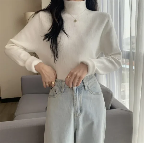 Fleece Lined Thickened Knitwear Women's Autumn Winter Slim Fit Half High Collar Base Shirt Inner Wear Knitted Sweater - Image 4