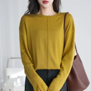 Spring 2025 Loose Fit Crew Neck Knitwear Pure Cotton Yarn Mid-Side Stitch Solid Color Overhead Women's Base Shirt
