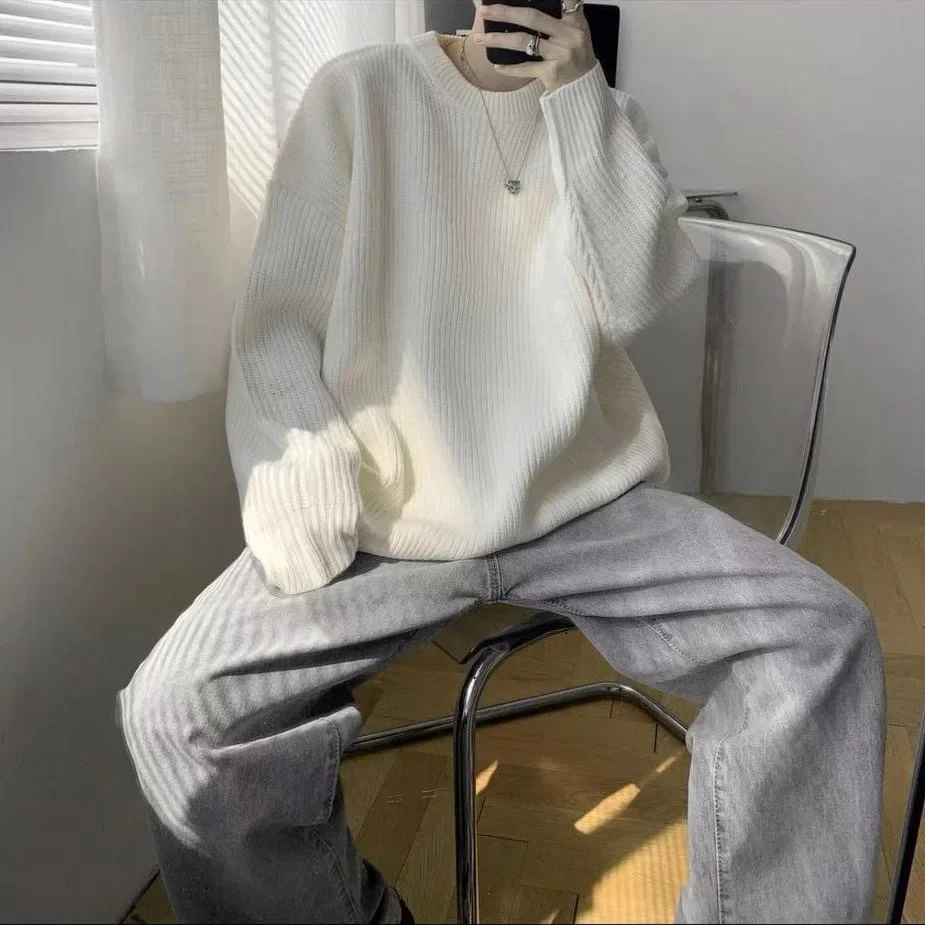 Men's round Neck Solid Color Knitwear Loose Thick Winter Casual T-Shirt Korean Style Lazy Style Base Shirt for Autumn Winter - Image 2