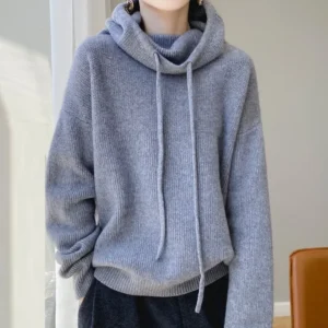 Women's Knitted Wool Sweater Cashmere Hoodie Thick Winter Warm Pure Color Base Layer Slimming Hooded Knitwear Top