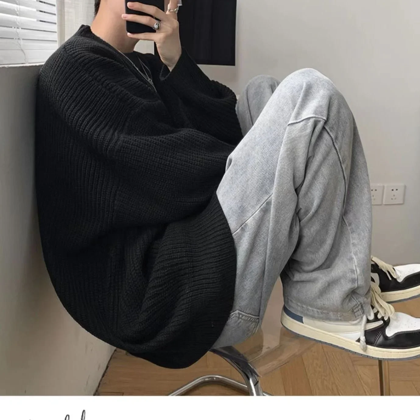 Men's round Neck Solid Color Knitwear Loose Thick Winter Casual T-Shirt Korean Style Lazy Style Base Shirt for Autumn Winter - Image 3