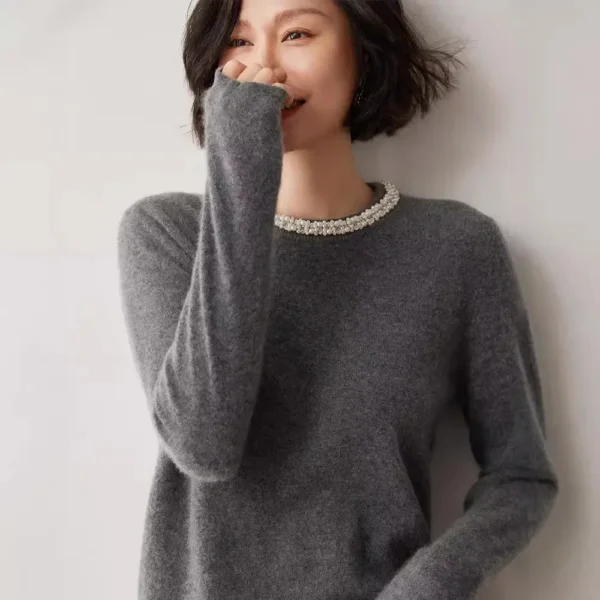Women's round Neck Knitwear Fashionable Versatile Cashmere Wool Sweater Pearl Decorated Crew Neck Pullover Autumn Winter New Arr - Image 5
