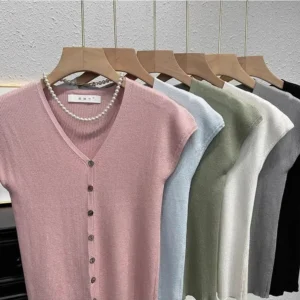 Fashionable Vintage V-Neck Short Sleeve Knitwear Design Sensation Niche Style Summer Anti-Aging Shoulder High-End Versatile Top
