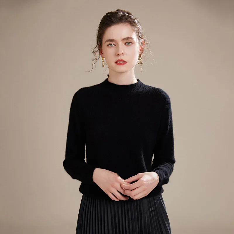 Pure Cashmere Knitwear Half High Collar Pullover Classic Loose Wool Top for Women Basic Style Autumn Winter Fashion Essential - Image 3