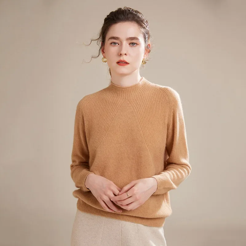 Pure Cashmere Knitwear Half High Collar Pullover Classic Loose Wool Top for Women Basic Style Autumn Winter Fashion Essential - Image 4