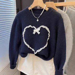 Loose Crew Neck Lace Heart Sweater Women's Fashion Autumn Winter New Style Korean round Neck Pullover Soft Comfortable Knitwear