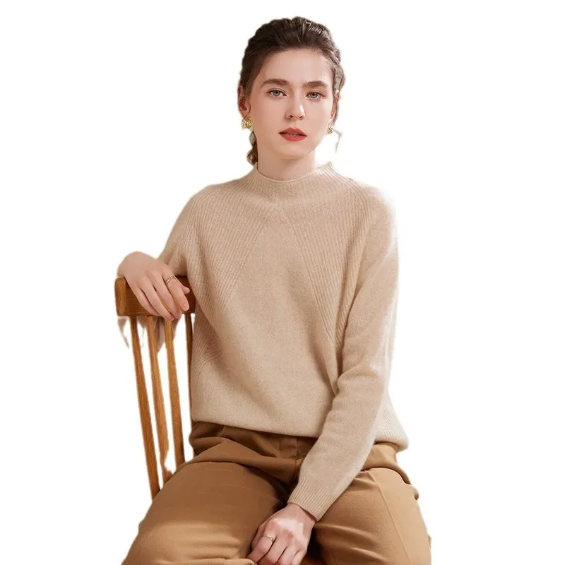 Pure Cashmere Knitwear Half High Collar Pullover Classic Loose Wool Top for Women Basic Style Autumn Winter Fashion Essential - Image 5