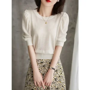French Style round Neck Short Sleeve Ice Silk Knitted Top Bubble Sleeve Slimming Summer Fashion Versatile Thin Knitwear for Wome