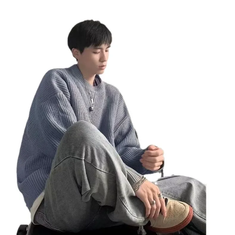 Men's round Neck Solid Color Knitwear Loose Thick Winter Casual T-Shirt Korean Style Lazy Style Base Shirt for Autumn Winter - Image 5