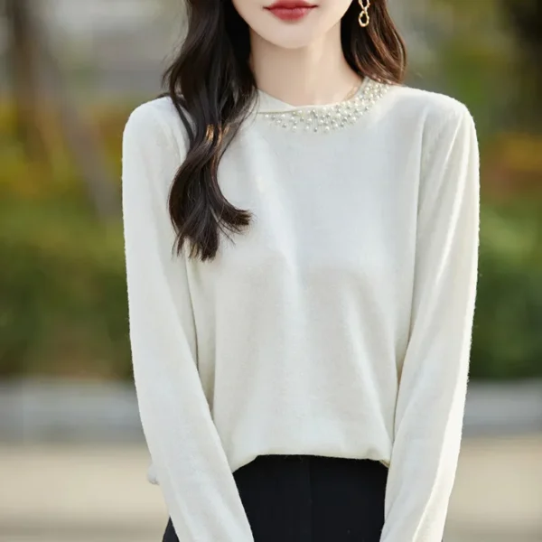 Early Autumn Hot Sale Of The Season French Style Pure Wool Knitwear Comfortable round Neck Heavy Embellished Base Layer Solid Co - Image 2